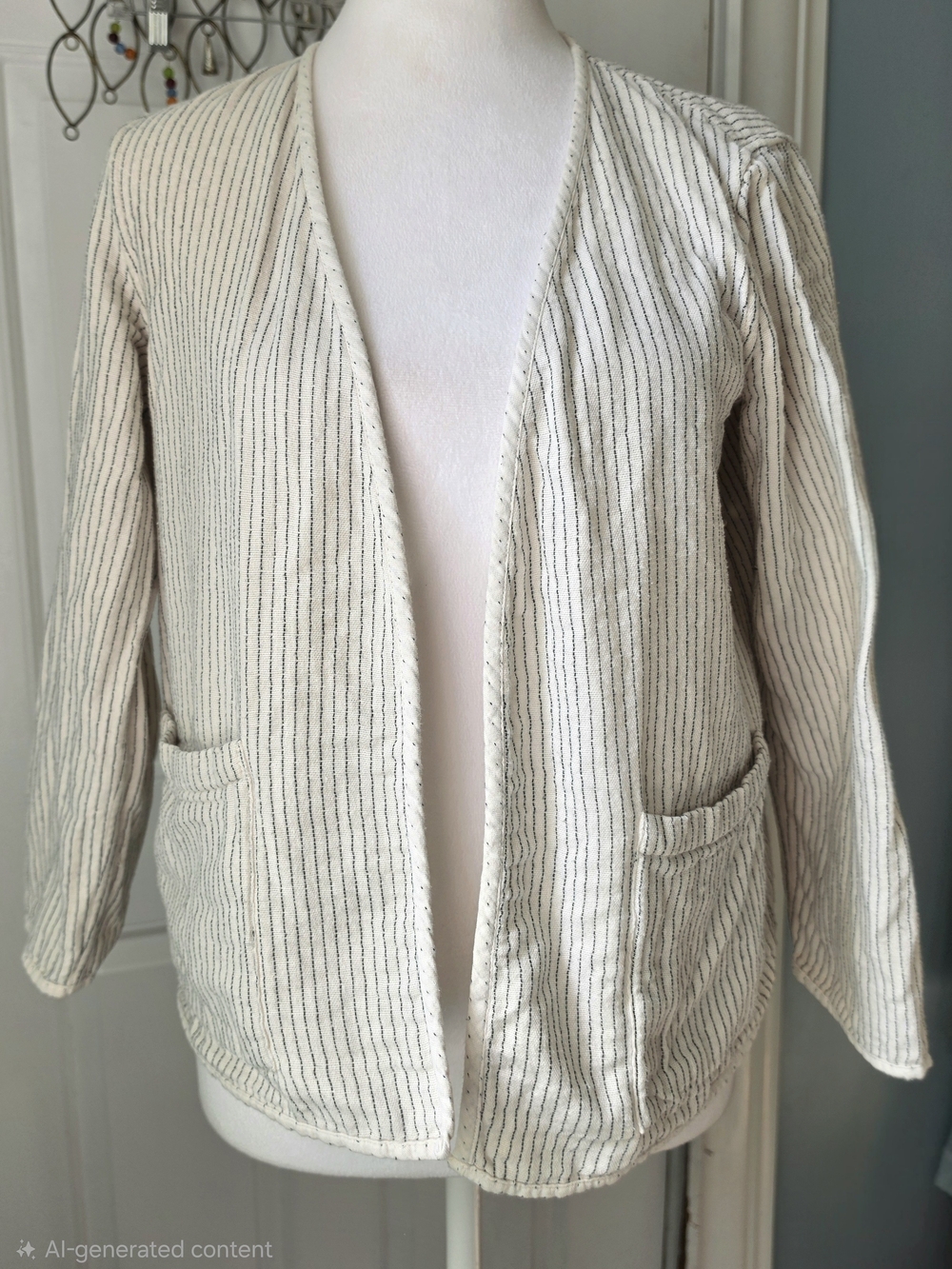 Eileen Fisher 100% Organic Cotton Reverable Jacket Womens SP Cream Navy Striped